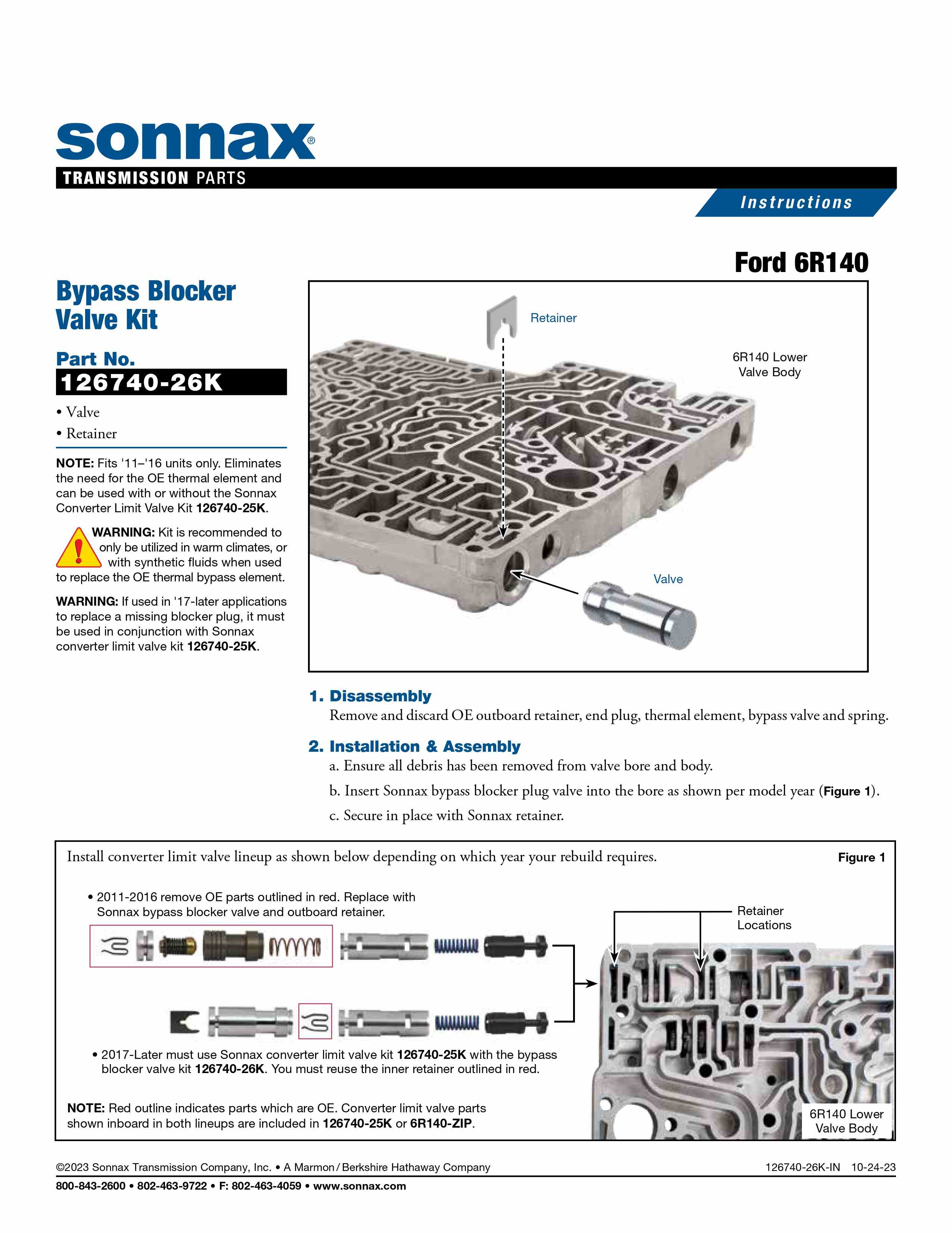 Bypass Blocker Valve Kit Sonnax 6r140 2011/16 — Sun Transmissions