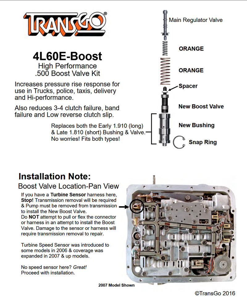 Transgo Boost Valve and Bushing Steel Replacement Kit .500in 4L60E 4L65E 4L70E 4L7