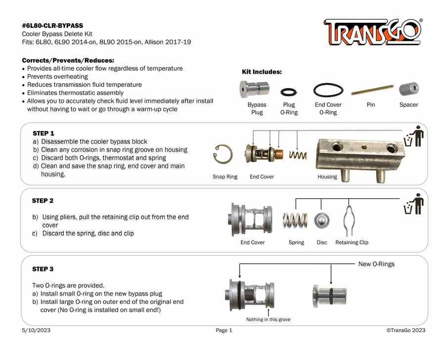 Transgo Cooler Flow Bypass Delete Kit 6L80 6L90 8L90 Allison 1000 2000 2400 