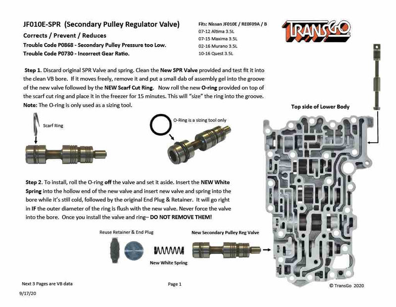Transgo Secondary Pulley Regulator Valve Fits JF010E RE0F09A 2002/UP