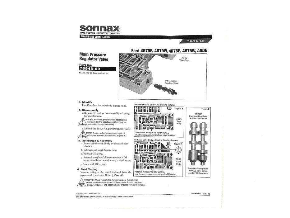 Main Pressure Regulator Valve Sonnax 4R70E 4R70W 4R75W 4R75E AODE 