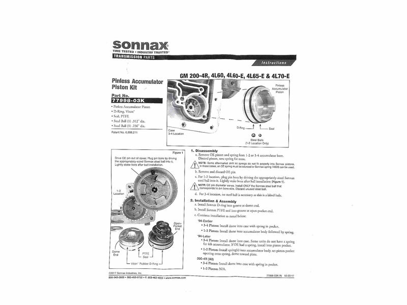 Pinless Accumulator Piston 1-2 & 3-4 Kit Sonnax TH700-R4 4L60E 4L65E 4L70E TH200-4R