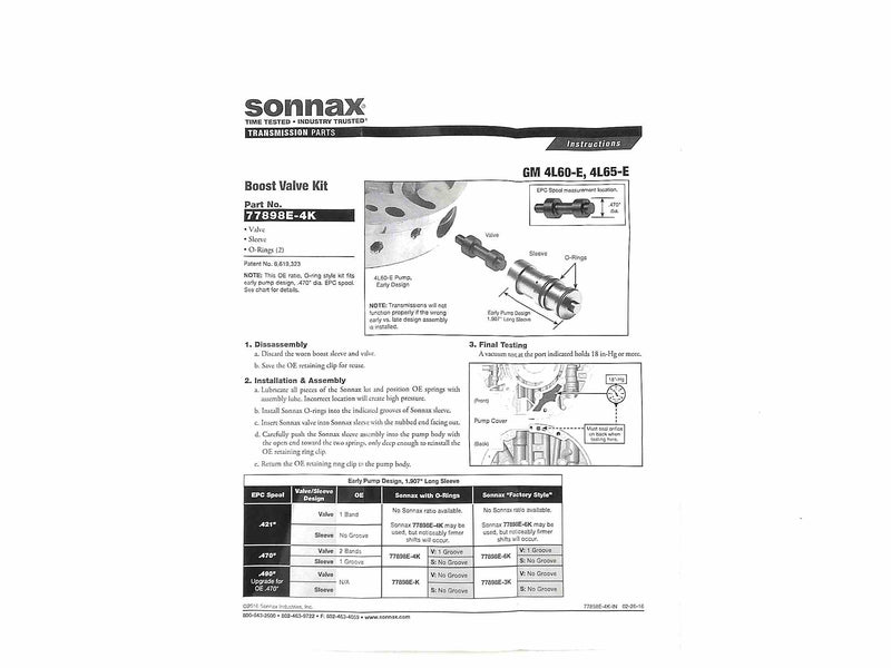 Boost Valve Kit Sonnax Dia .470in 1.907in Long O-Ring Style 4L60E 4L65E 4L70E