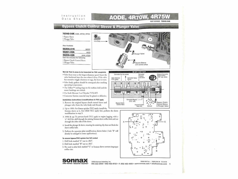 Bypass Clutch Control Plunger Valve Kit Sonnax AODE 4R70E 4R70W 4R75E 4R75W
