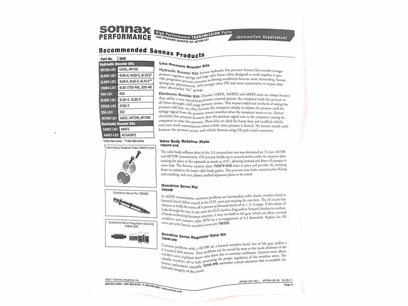 Line Pressure Booster Kit Sonnax AODE 4R70E 4R70W 4R75E 4R75W