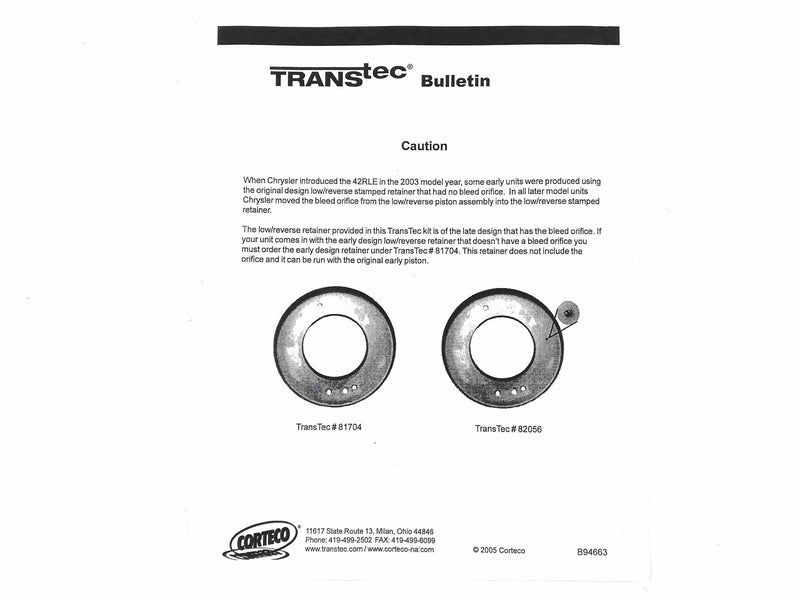 Overhaul Kit Transtec (No Pan Gasket) 42RLE